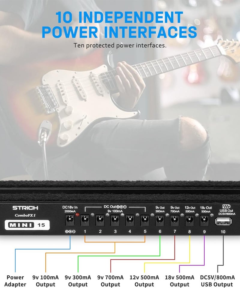 STRICH Guitar Pedal Board with Built-in Power Supply, Small Pedal Board 15 x 5.1" 1.3LB Lightweight Aluminum Alloy, PedalBoard with Pedal Cables, Bag, Hook Loop Strips PB-M15 - Image 3